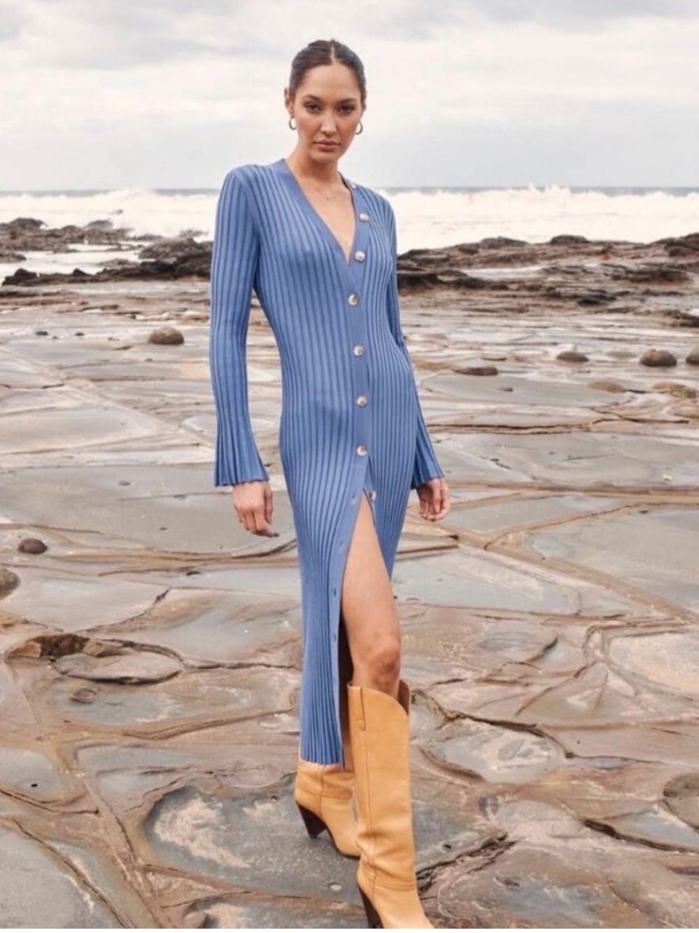 Ena Pelly Blue Ribbed Button-Front Midi Dress